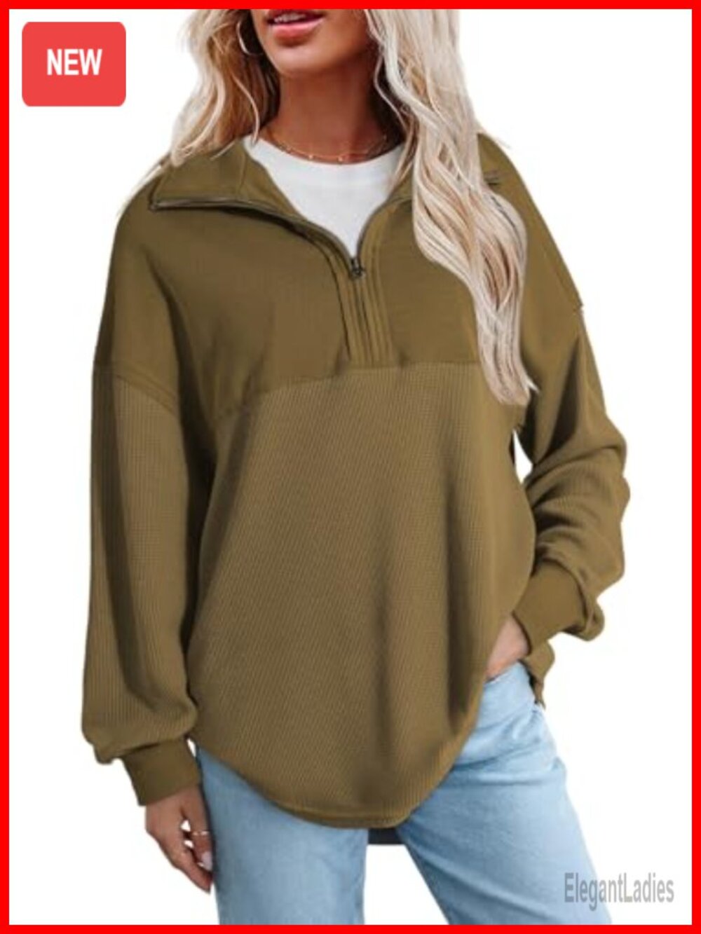 Women's Half Zip Pullover Sweatshirt Oversized Drop Shoulder Long Sleeve Casual